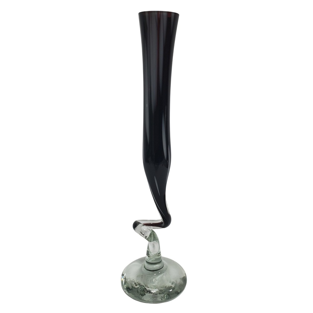 Hand Blown Art Deco Glass Bud Vase  12.5in Purple Black Twisted Stem Decor